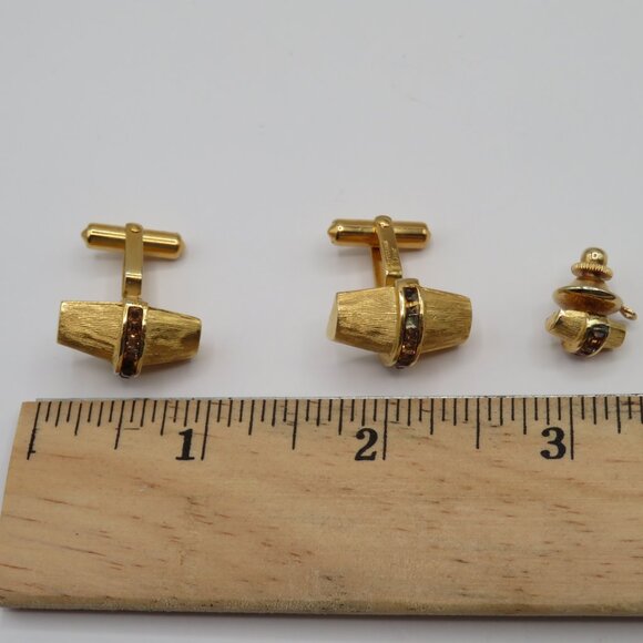 Christian Dior Vintage Art Deco Cufflinks and Tie Tac Set Gold Tone Rhinestone - Picture 11 of 11